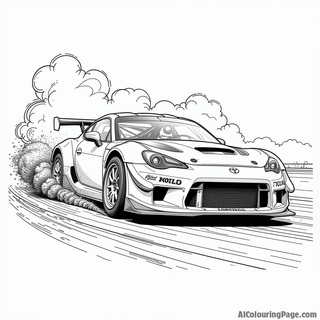 A dramatic scene of a race car drifting around a corner, kicking up dust and smoke, capturing the excitement of racing in a black and white coloring style.