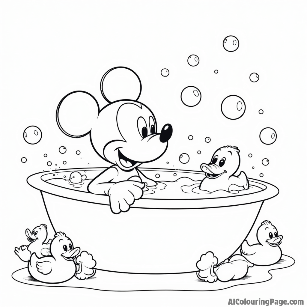 Mickey Mouse taking a bubble bath, surrounded by rubber ducks and a shower of bubbles floating above.