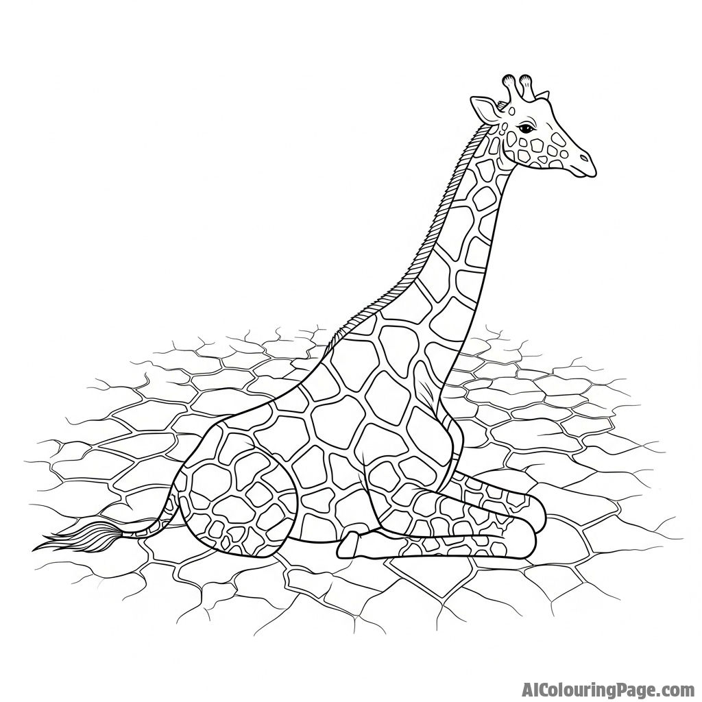 A giraffe's patterned hide seamlessly blending into a cracked desert floor.