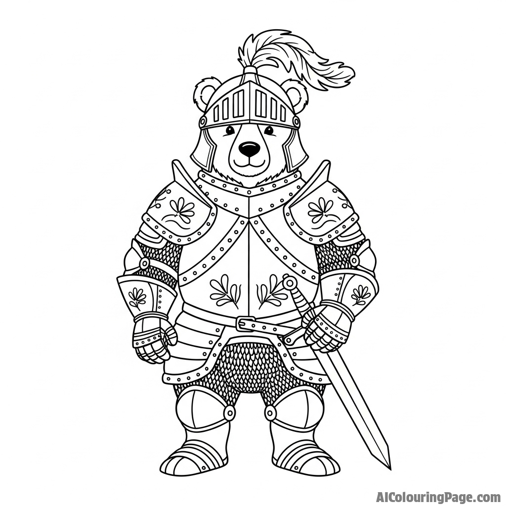 A bear as a noble knight, clad in intricate plate armor.