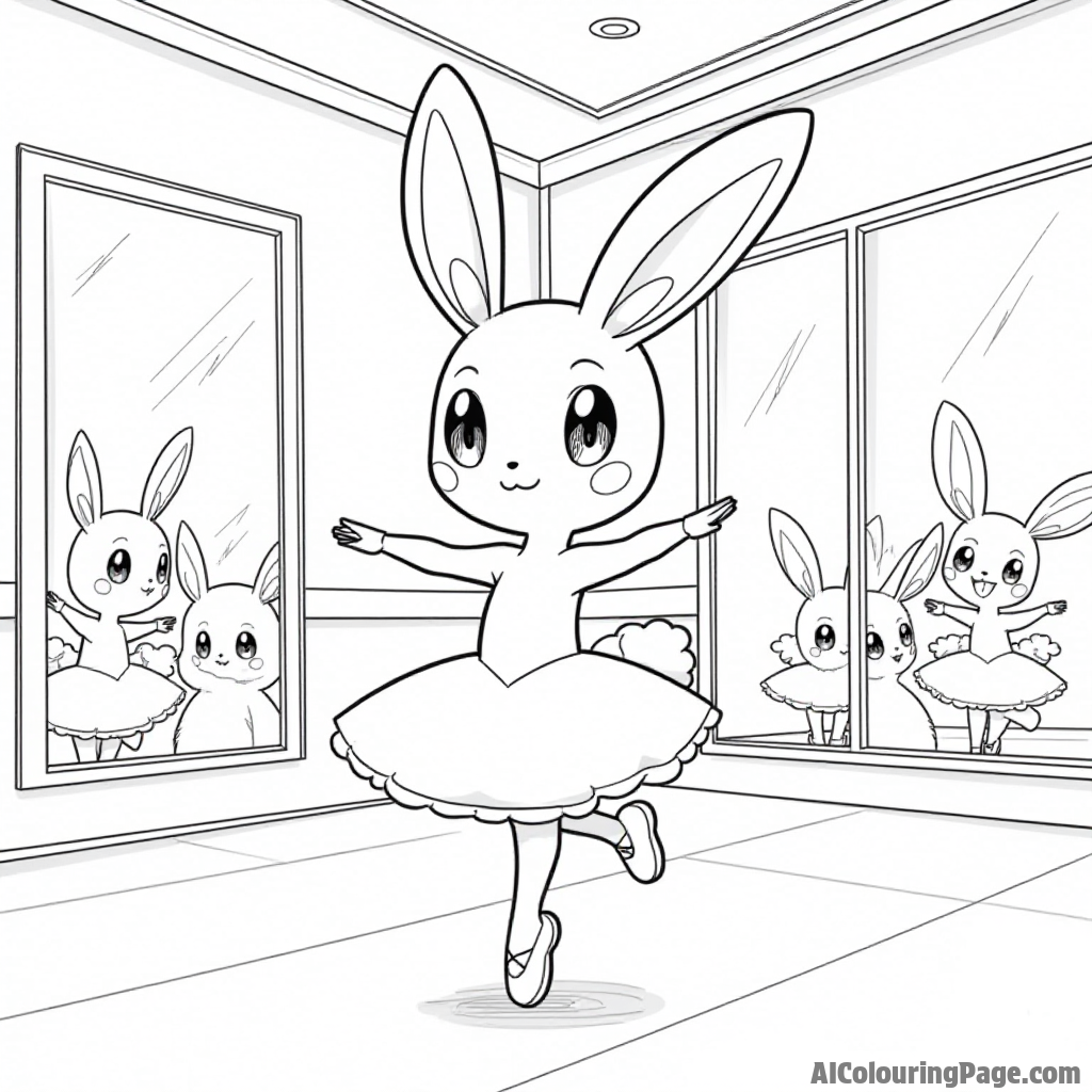 A determined Buneary practicing ballet in a studio with mirrors and other Pokémon watching and cheering it on.