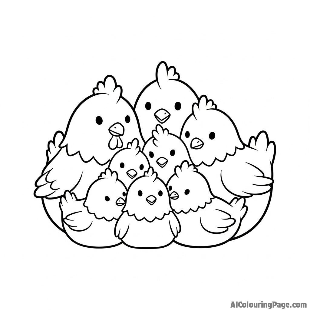A family of chickens huddled together for warmth.
