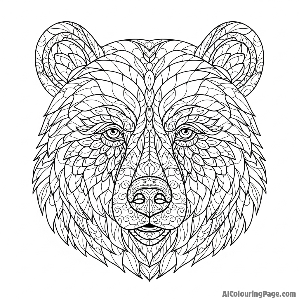 An intricate mosaic of a bear’s face, made from tiny pieces of stone and shell.