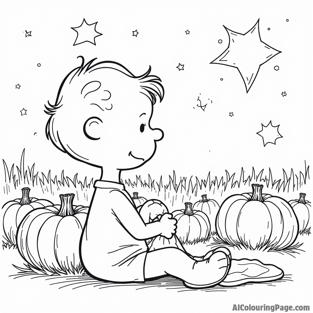 Linus sitting with his security blanket under a starry sky while a pumpkin patch is visible in the background