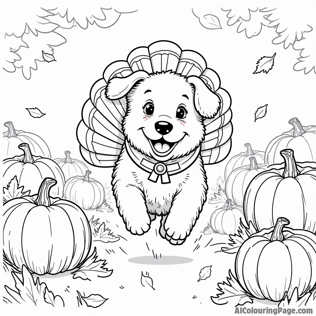 A playful dog wearing a turkey costume running through a field of pumpkins, with a backdrop of falling leaves