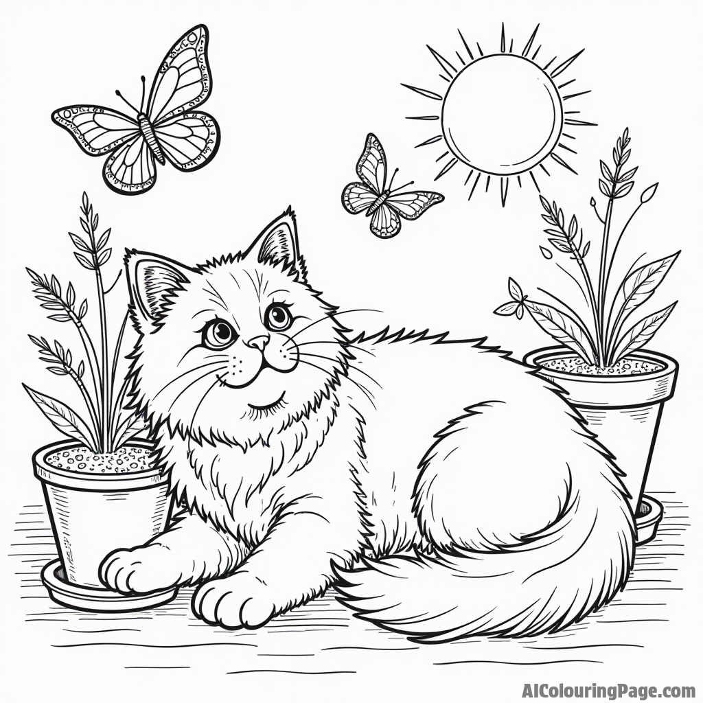 A friendly Persian lounging in a sunbeam surrounded by potted plants and butterflies fluttering around happily.