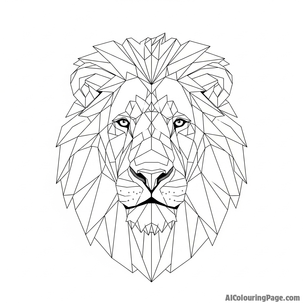 A low-poly, geometric digital art representation of a lion's head.
