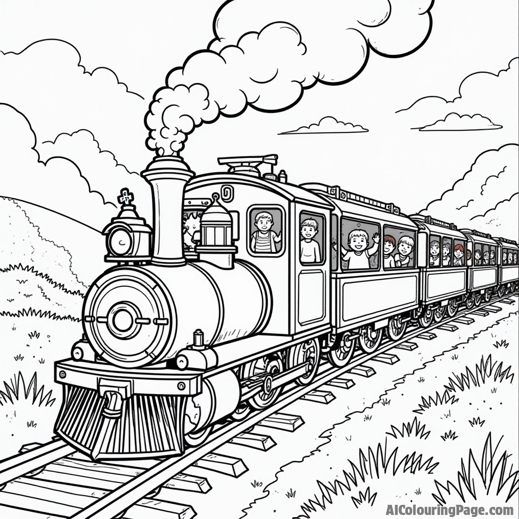 A colorful train ride with happy children waving from their seats, vibrant scenery passing by, perfect for a fun-filled Festivals and Traditions Coloring Sheet.