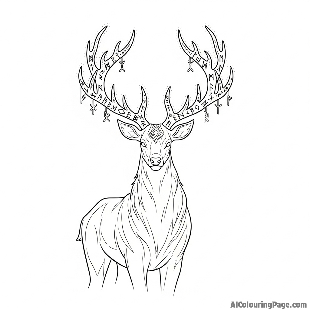 A forest spirit in the form of a stag with glowing runes on its antlers.