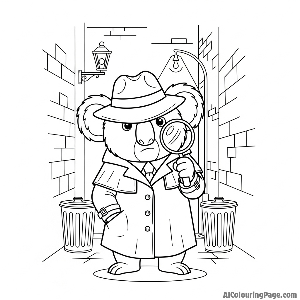 A koala depicted as a film noir detective, wearing a trench coat in a shadowy alley.