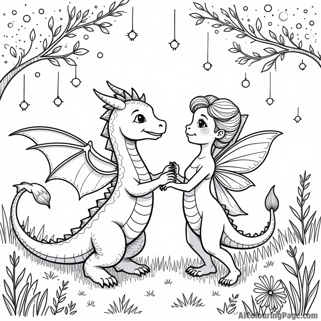 A dragon and a fairy dancing together under a canopy of twinkling lights in a magical meadow.