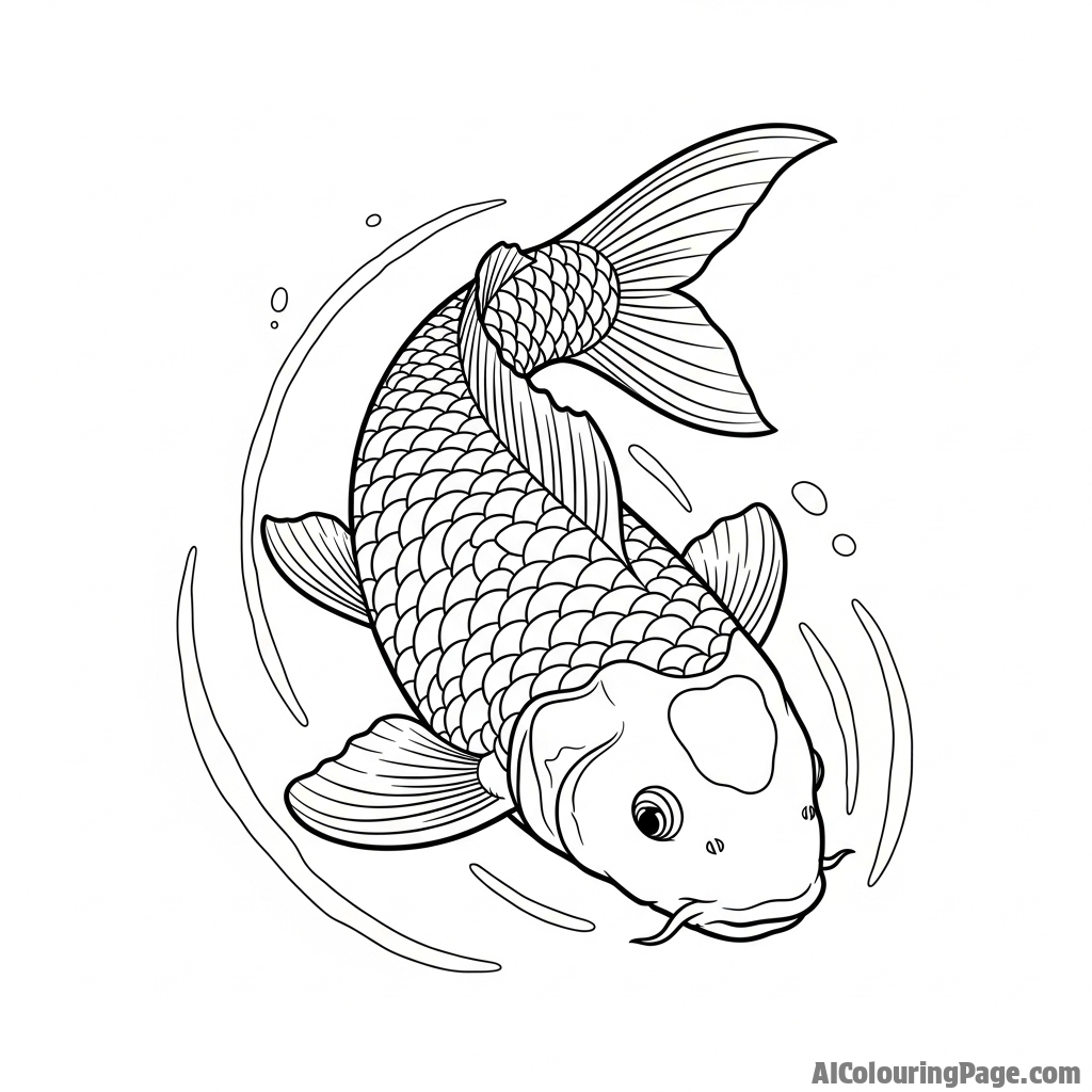A photograph emphasizing the powerful, muscular form of a koi as it turns sharply in the water.