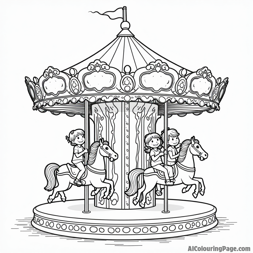 A whimsical carousel with colorful animals, where children ride happily while enjoying the sights and sounds of the fair