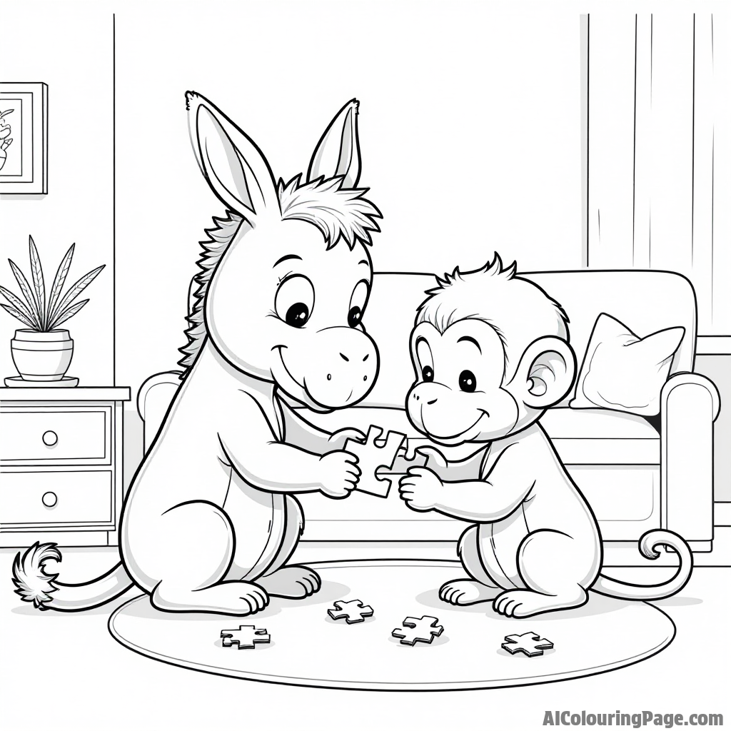 A donkey and a monkey solving a puzzle together, with pieces scattered around in a cozy living room