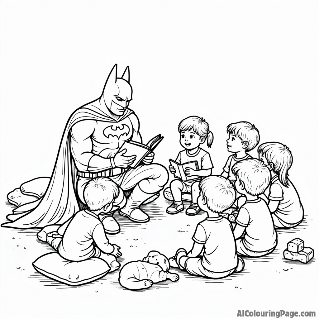 Batman reading a storybook to a group of children sitting in a circle, surrounded by colorful cushions and toys.