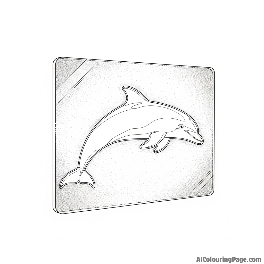 The form of a dolphin etched onto a sheet of frosted glass, visible by the light passing through.