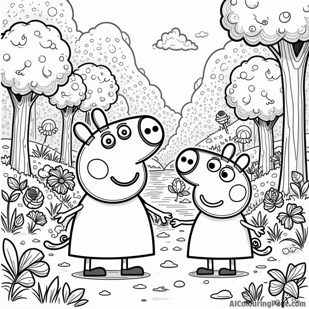 Peppa Pig and George Pig exploring a colorful candy land filled with candy trees, lollipops, and chocolate rivers.