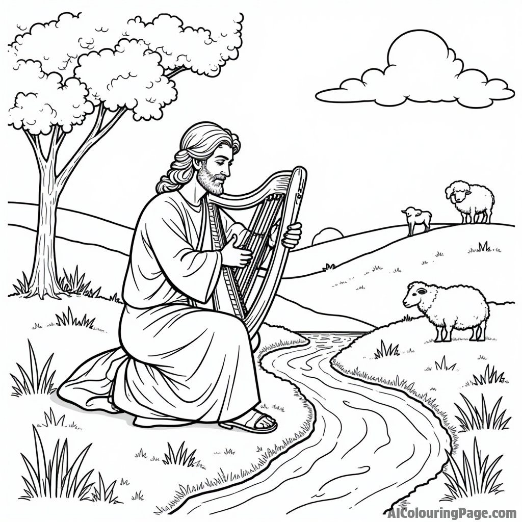 David playing the harp in a peaceful meadow, with sheep grazing nearby and a gentle stream flowing through the scene.