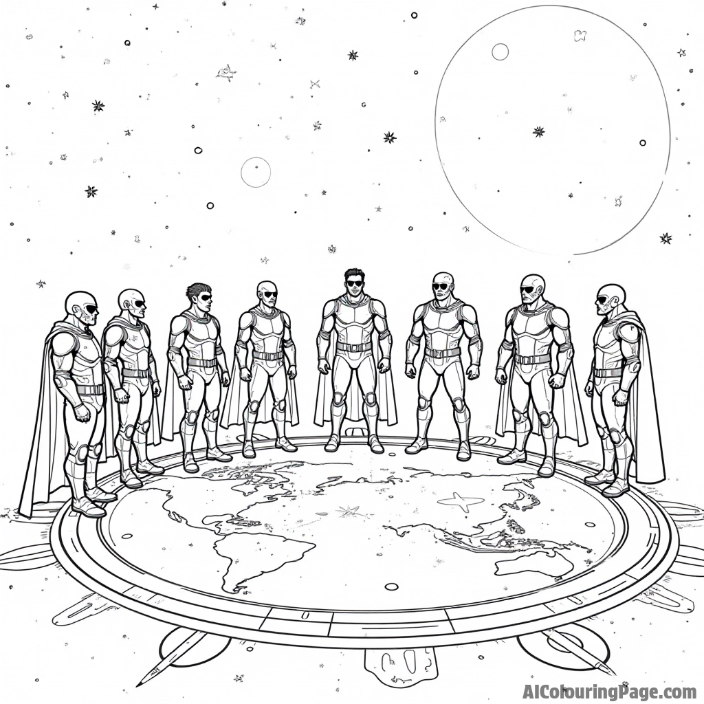 A comic-style scene of a group of heroes gathered around a holographic map with stars and planets illuminating.