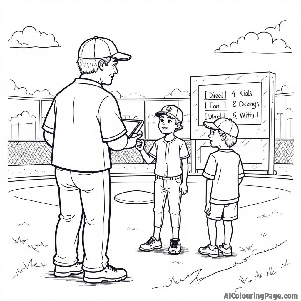 A baseball coach giving tips to young players, a chalkboard with strategies, and a baseball field in the background, inviting kids to color and learn about teamwork.