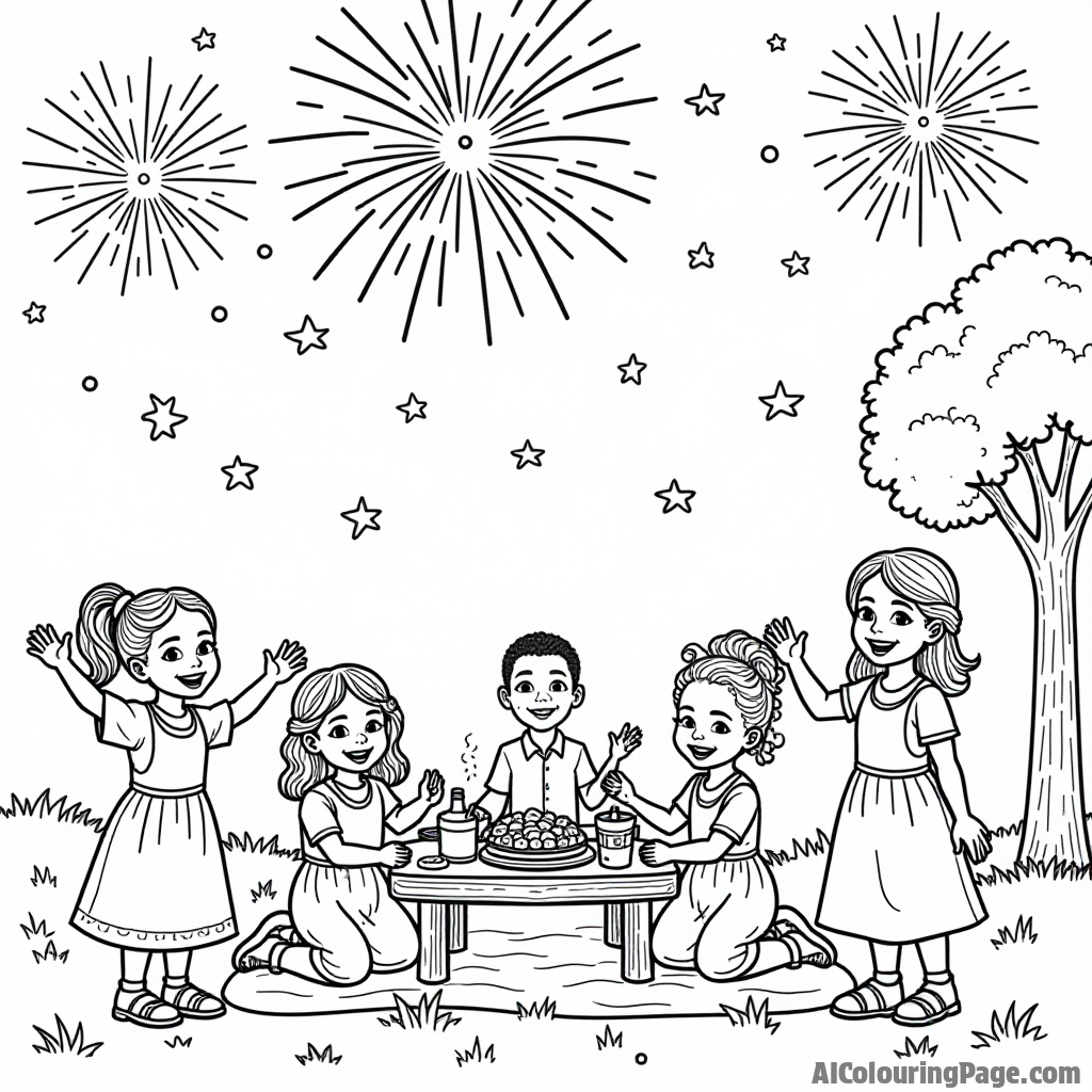 A celebration of Juneteenth with fireworks and a picnic, showcasing history and freedom, inviting children to color the joyful scene in a fun black and white design.