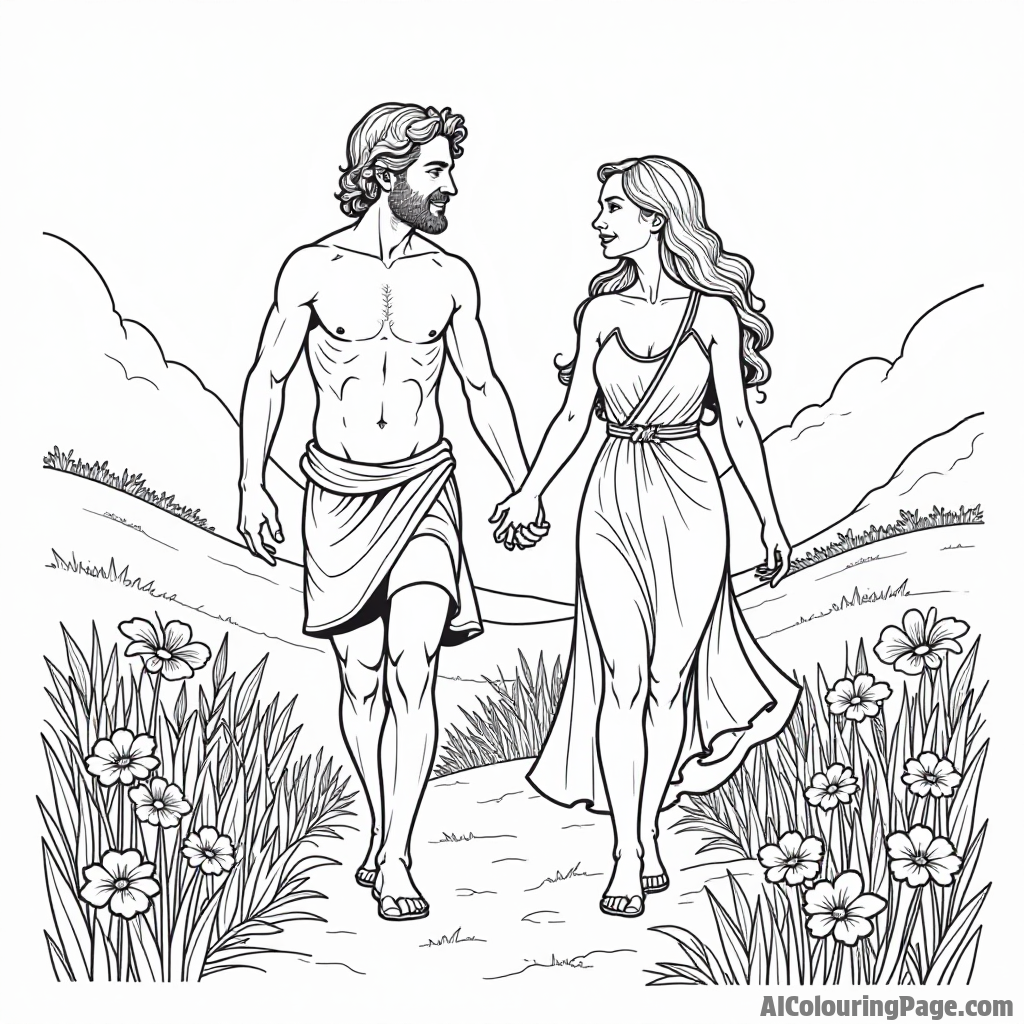 Adam and Eve walking hand in hand through a flowering meadow