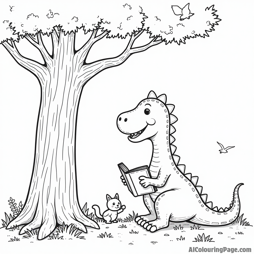 A scene of a dinosaur reading a book under a large tree with playful squirrels and birds nearby.