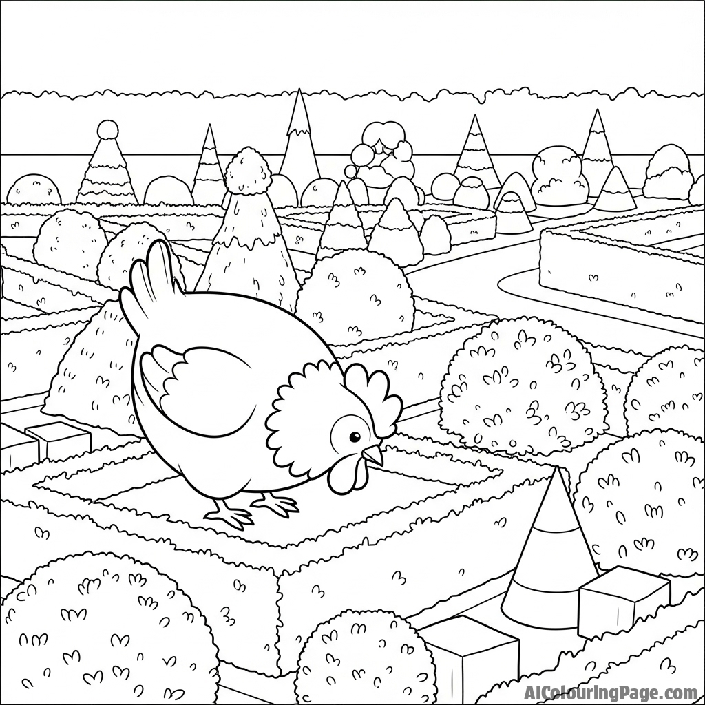 A chicken in a formal garden, pecking among manicured shrubs.