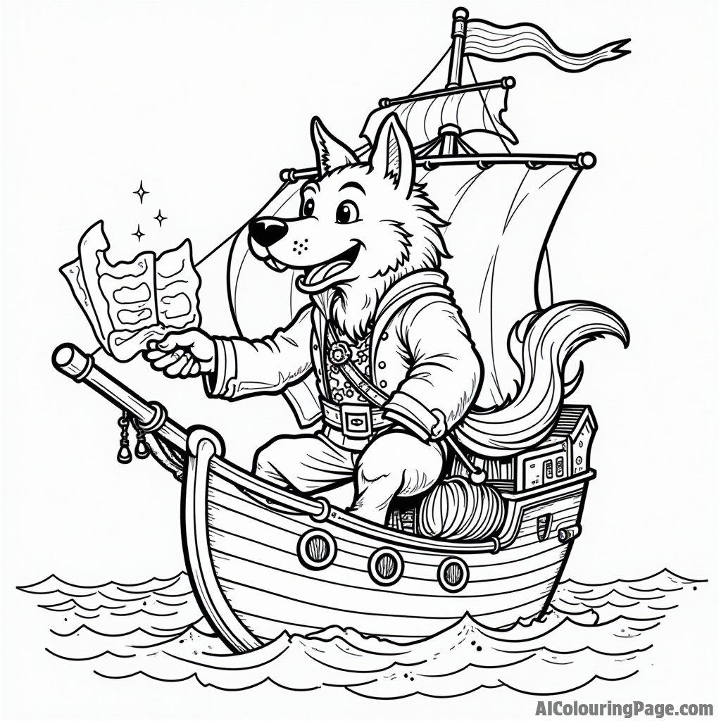 A werewolf pirate sailing on a ship with treasure maps, a parrot, and a magical compass guiding the way.