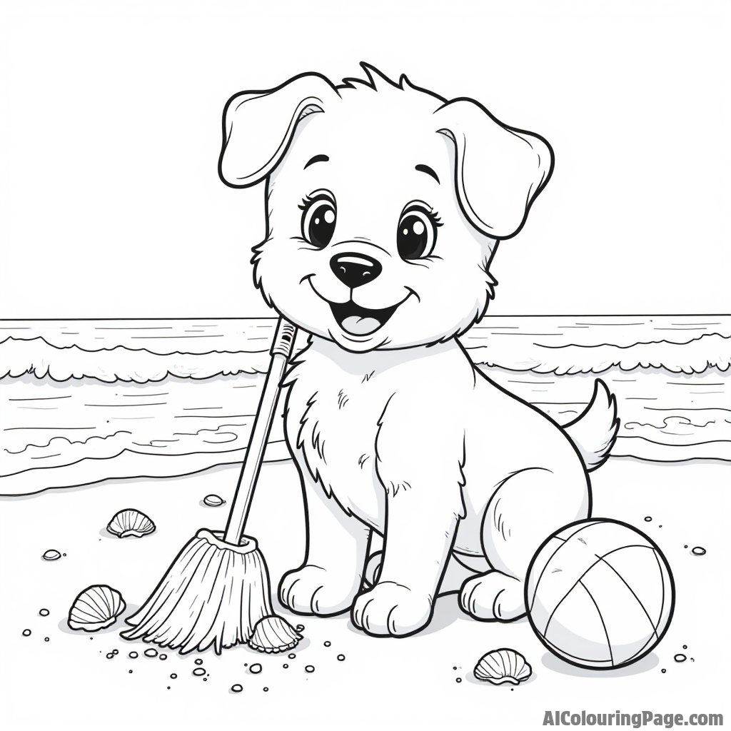 A puppy helping to clean the beach, picking up trash and surrounded by seashells, a beach ball, and waves splashing.