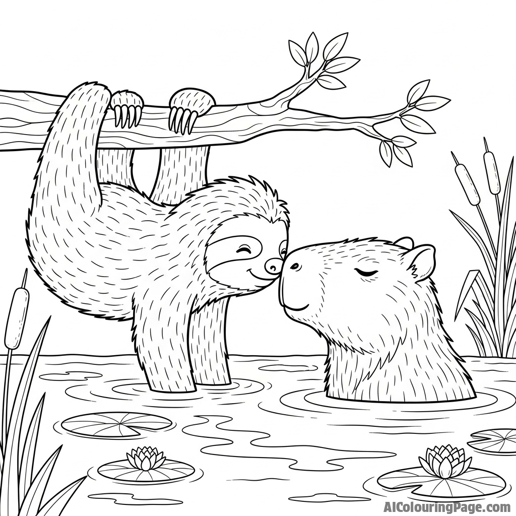 A sloth gently touching noses with a capybara at the water\'s edge.