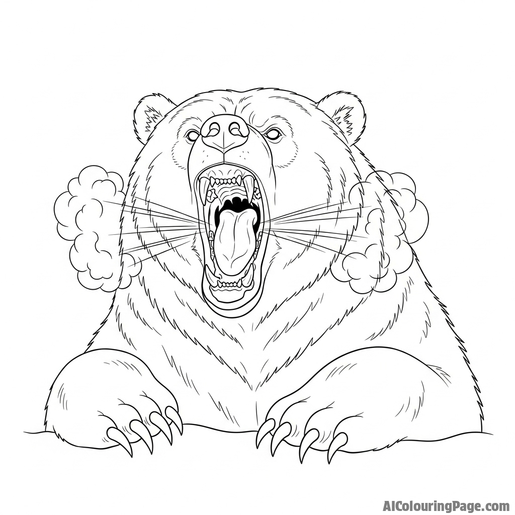 A powerful bear roaring, with visible breath in the cold air.