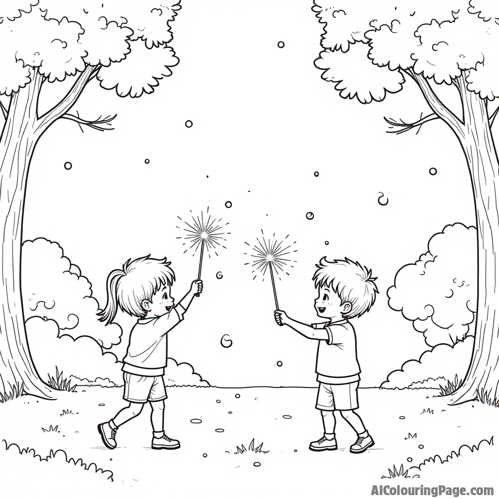 A playful scene of children playing with sparklers and fireworks in a park during Chinese New Year, capturing the joy and excitement of the celebrations, perfect for a coloring page.