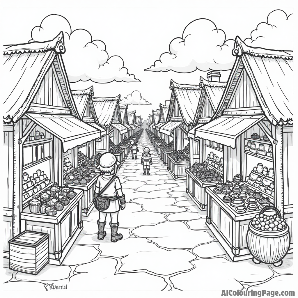 A whimsical marketplace with stalls of colorful goods, villagers bustling about, and Link exploring the various treasures on display