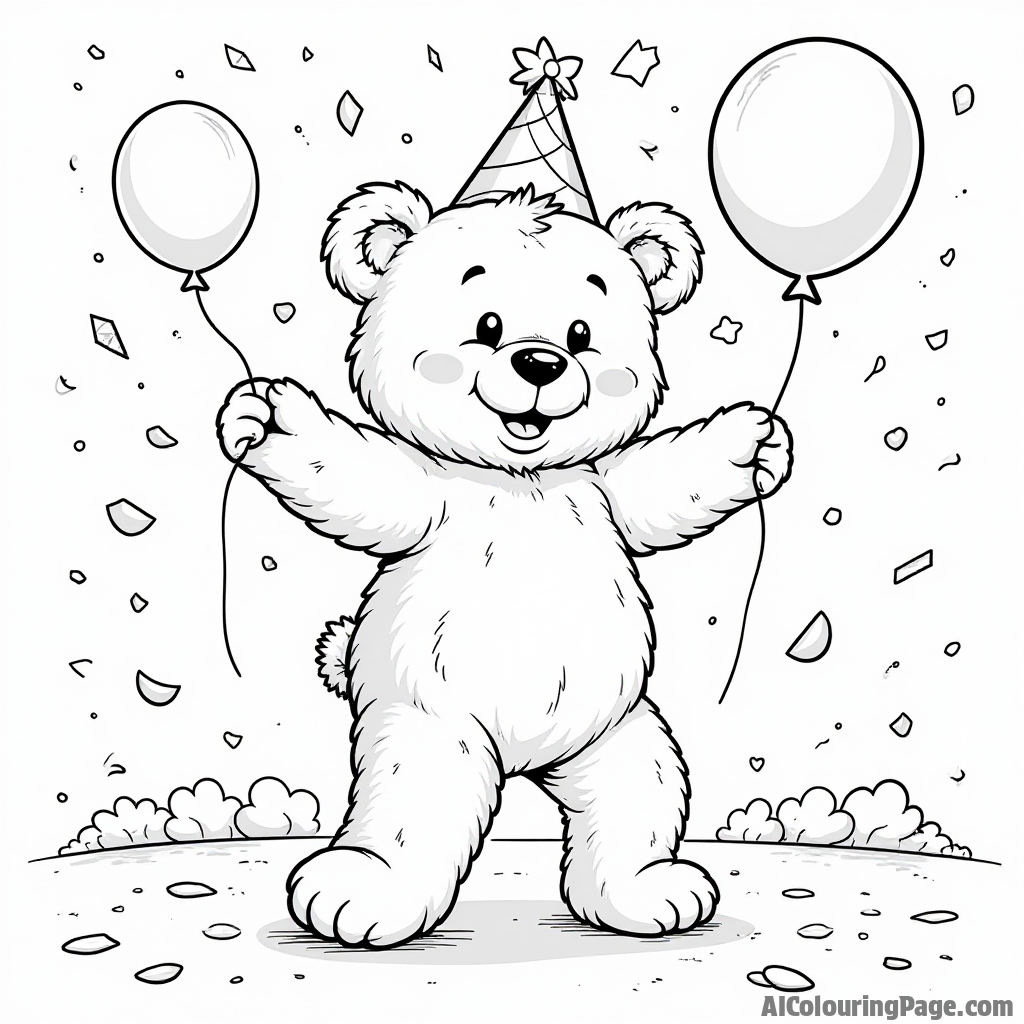 A teddy bear dancing at a party with balloons and confetti, surrounded by friends, creating a lively scene for kids to color and celebrate their creativity.