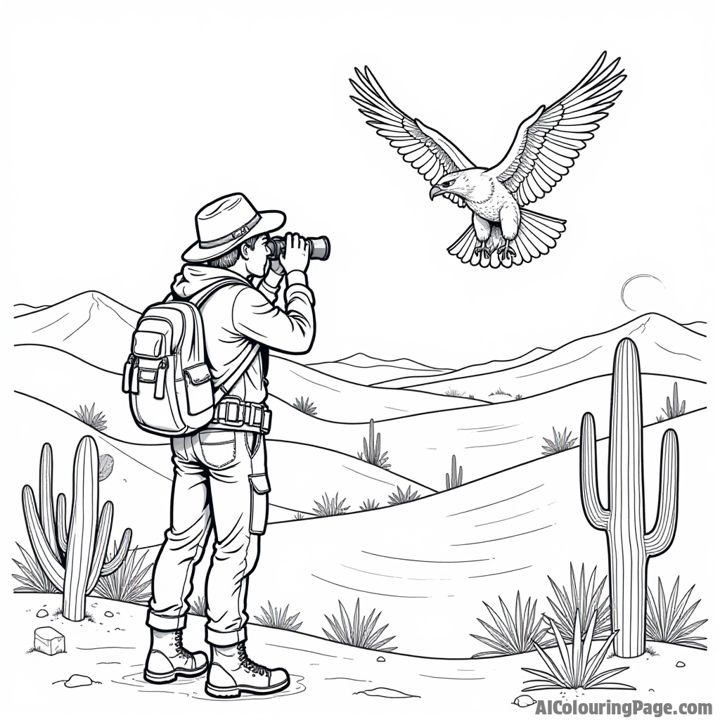 An explorer with binoculars spotting a majestic hawk soaring above the dunes, with scattered cacti and a shimmering sun, representing the thrill of wildlife observation in a desert expedition.