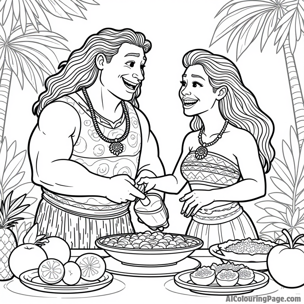 Maui and Moana sharing a laugh while preparing a feast, surrounded by tropical fruits and delicious dishes.