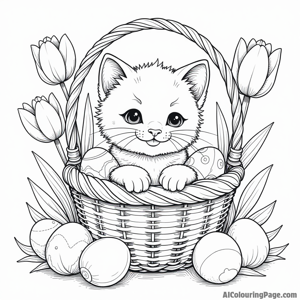 A playful kitten peeking out of a decorated Easter basket filled with eggs, surrounded by colorful tulips in bloom.