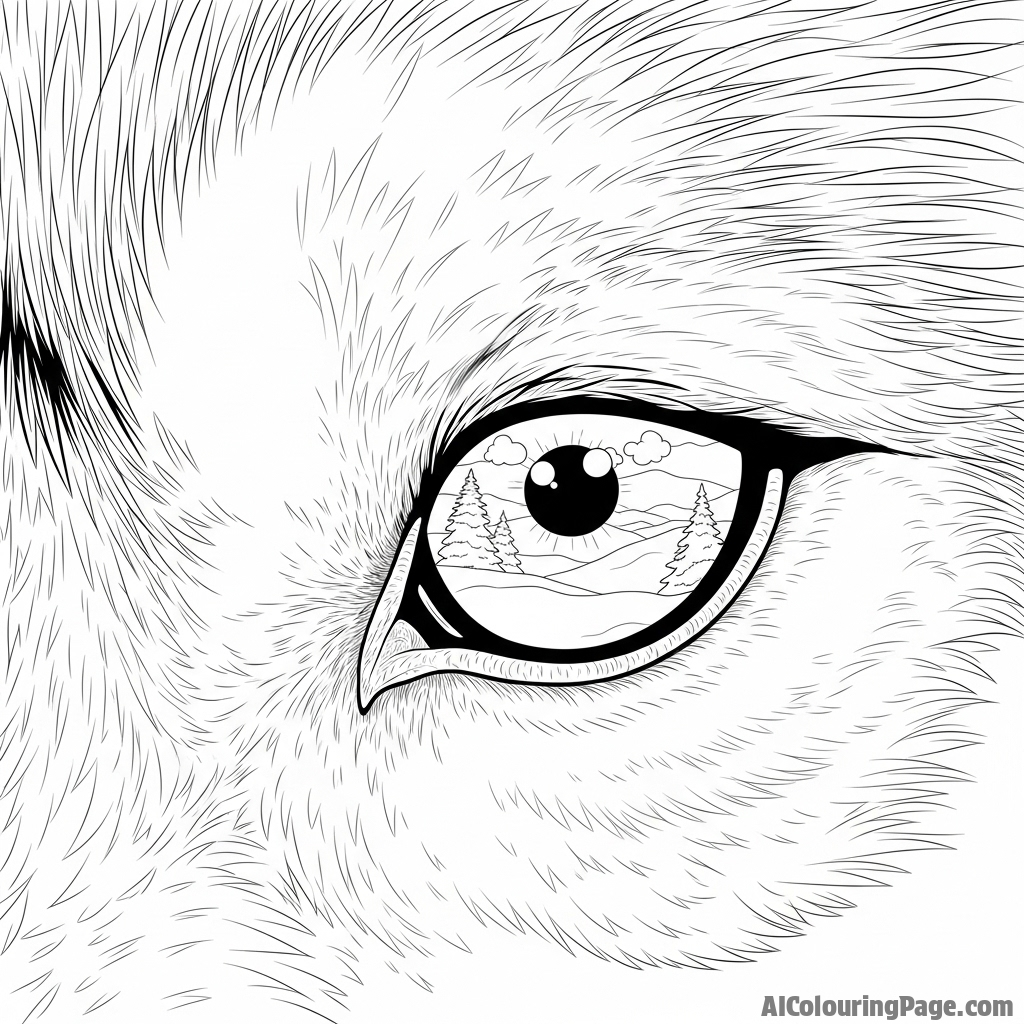 An extreme close-up of a wolf's intense, focused eye, reflecting a snowy landscape.