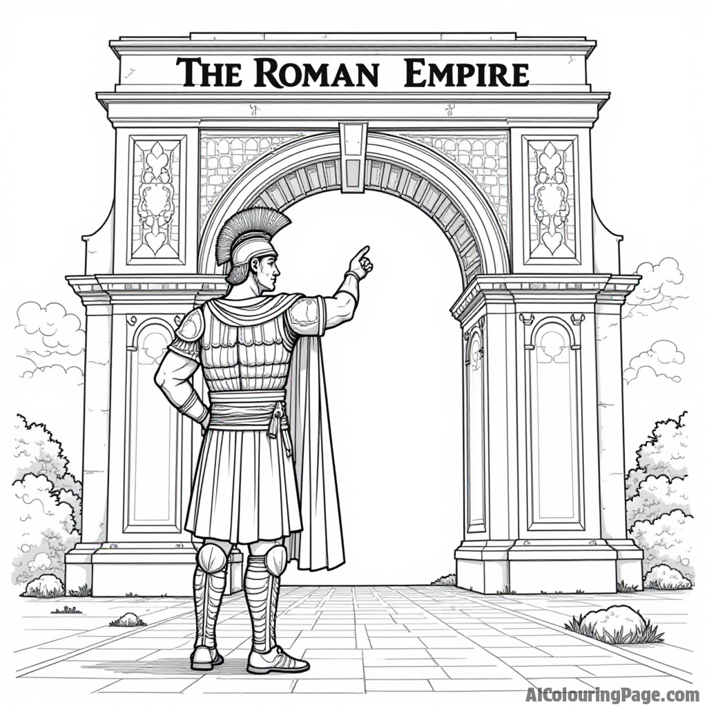 A Roman soldier saluting under a large Roman arch, with intricate details on armor and architecture, representing the glory of the Roman Empire for young artists.