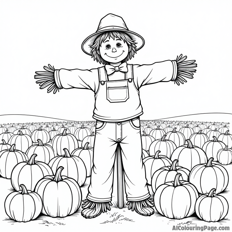 A scarecrow standing in a field of pumpkins