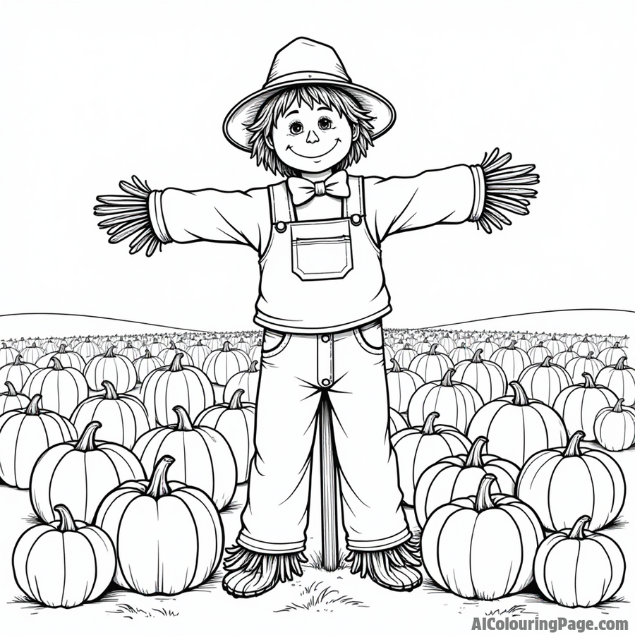 A scarecrow standing in a field of pumpkins