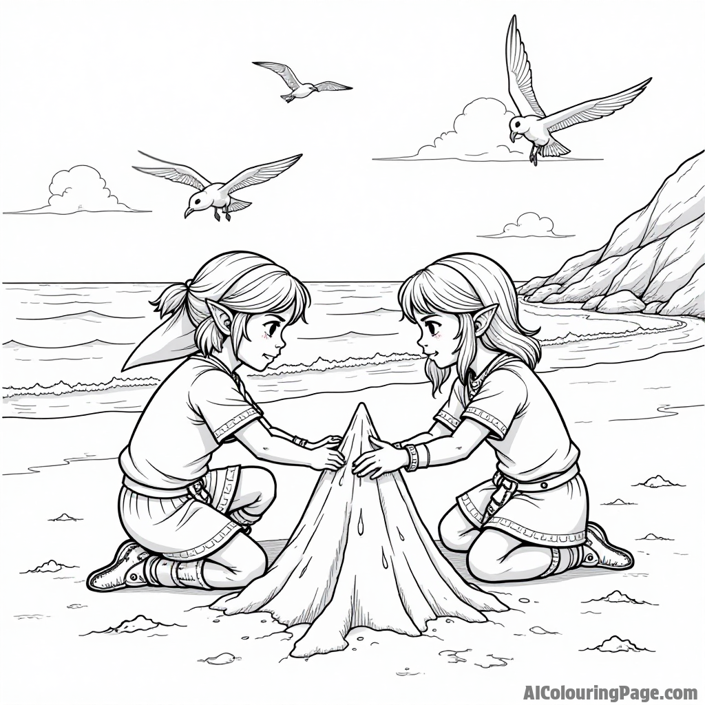 A playful scene of Link and Zelda building a sandcastle on a beach, with waves crashing and seagulls flying overhead