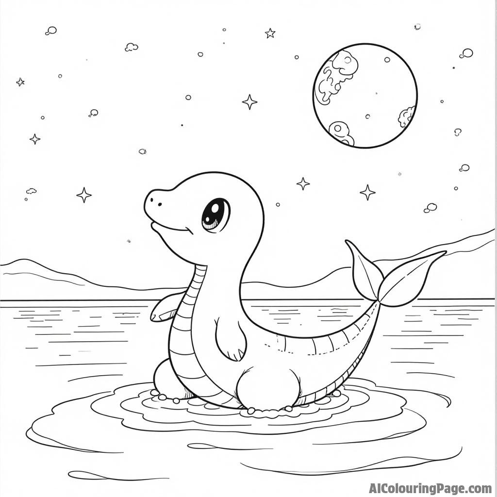 A serene scene of a Lapras gliding across a calm sea under a starry night sky with a full moon shining.