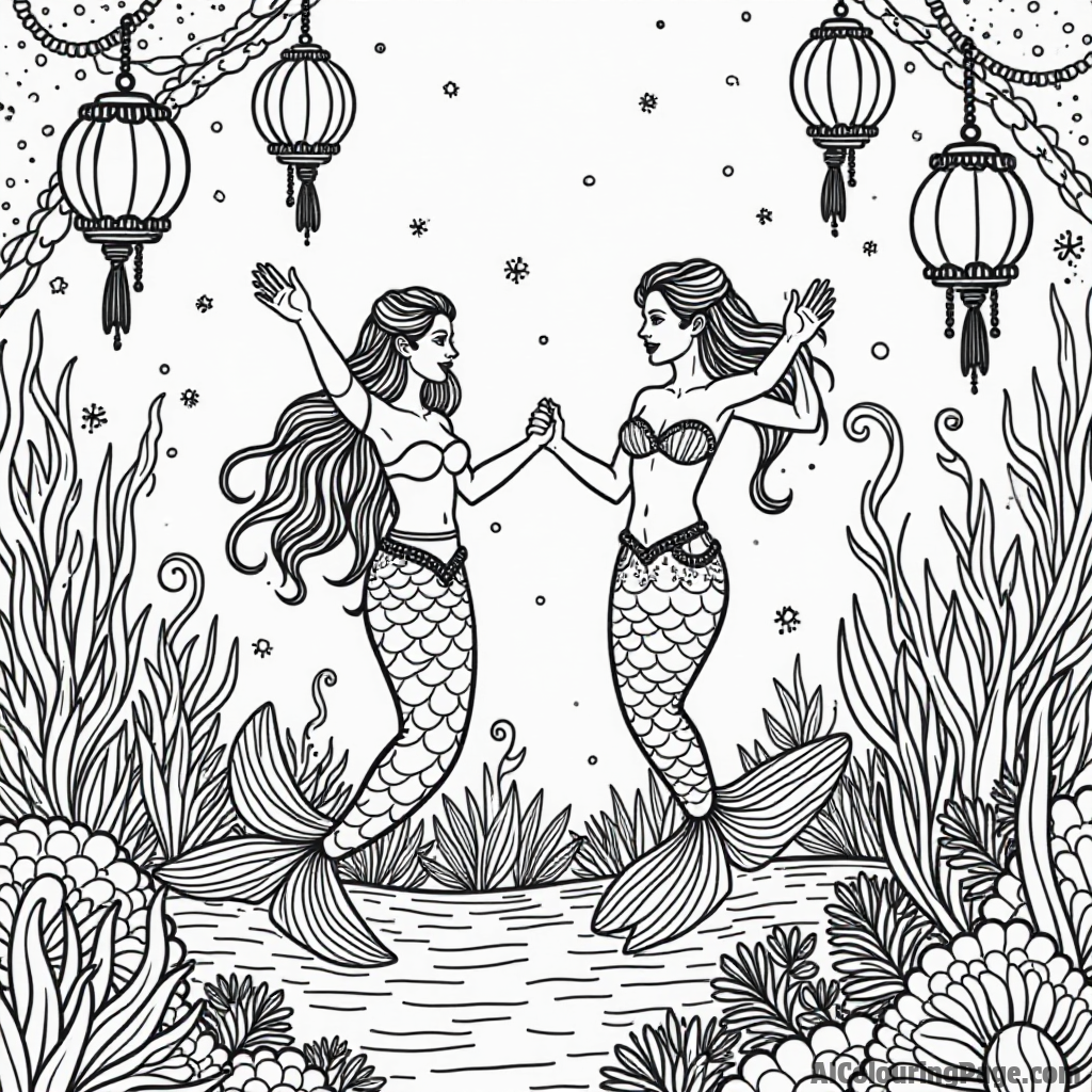 A vibrant underwater festival where mermaids dance, with colorful lanterns and sea creatures celebrating around them.