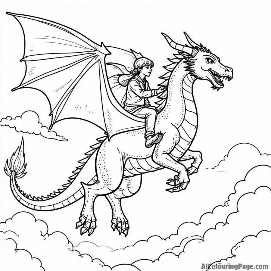 Dragon with a rider, flying across the sky