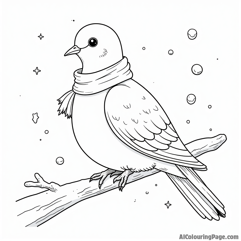 A dove wearing a scarf, perched on a snow-covered branch, with snowflakes falling gently around it for winter coloring fun.