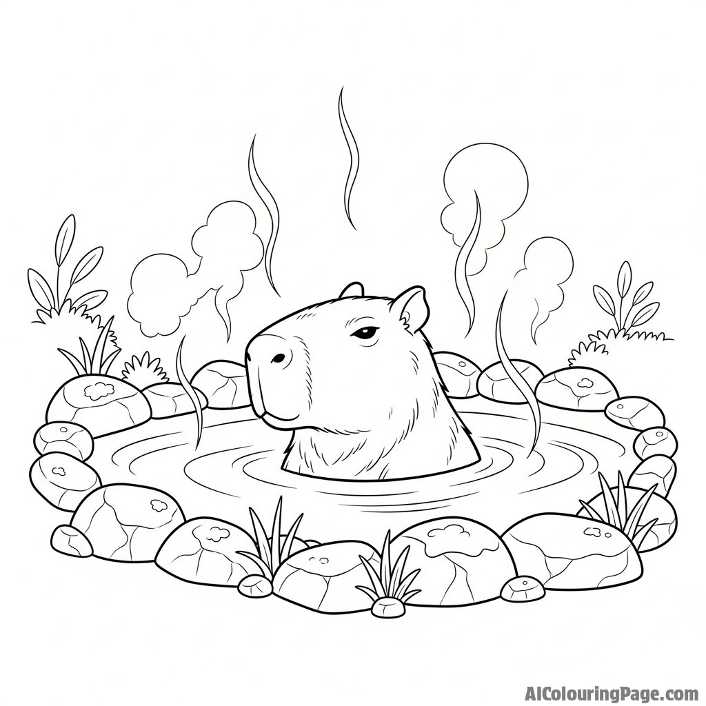 A photorealistic capybara relaxing in a steamy hot spring.