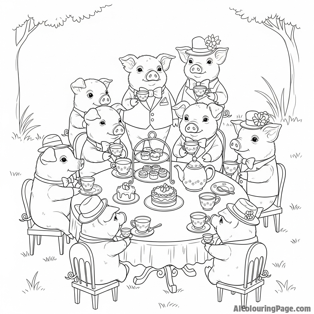A group of pigs having a sophisticated tea party with tiny teacups.