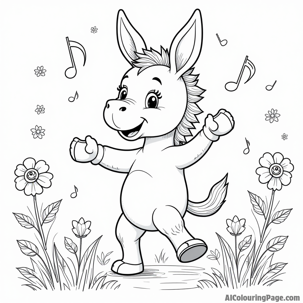 A happy donkey dancing in a circle with other animals, with music notes floating around and flowers blooming